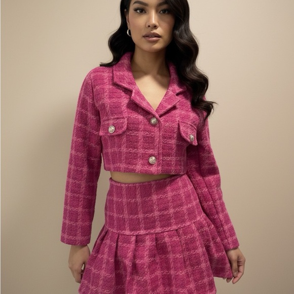 Elegant Pink Plaid Skirt Set - Picture 1 of 12